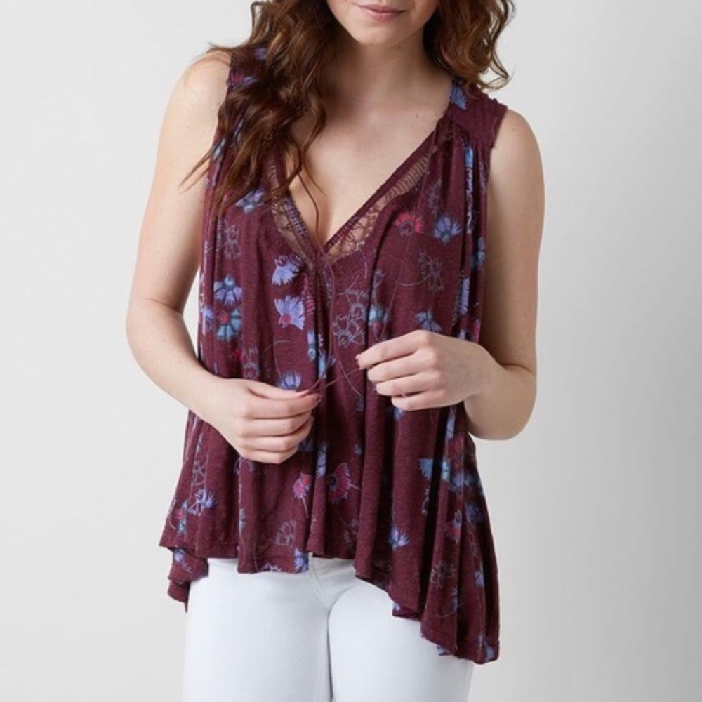 Free People ‘Love Potion’ Split-Back Tank Top Linen-Blend Lace Women’s XS Wine
